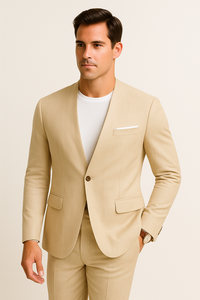 Tan Linen Suit For Summer - Collarless Blazer and Pants Collarless Lapel - No Lapel Casual!