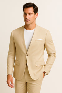 Tan Linen Suit For Summer - Collarless Blazer and Pants Collarless Lapel - No Lapel Casual!