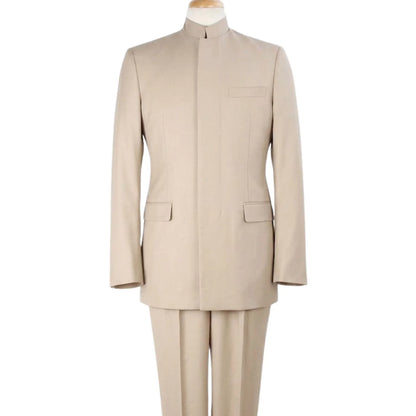 Tan Mandarin Collar Classic Fit Clergy Suit with Pleated Pants
