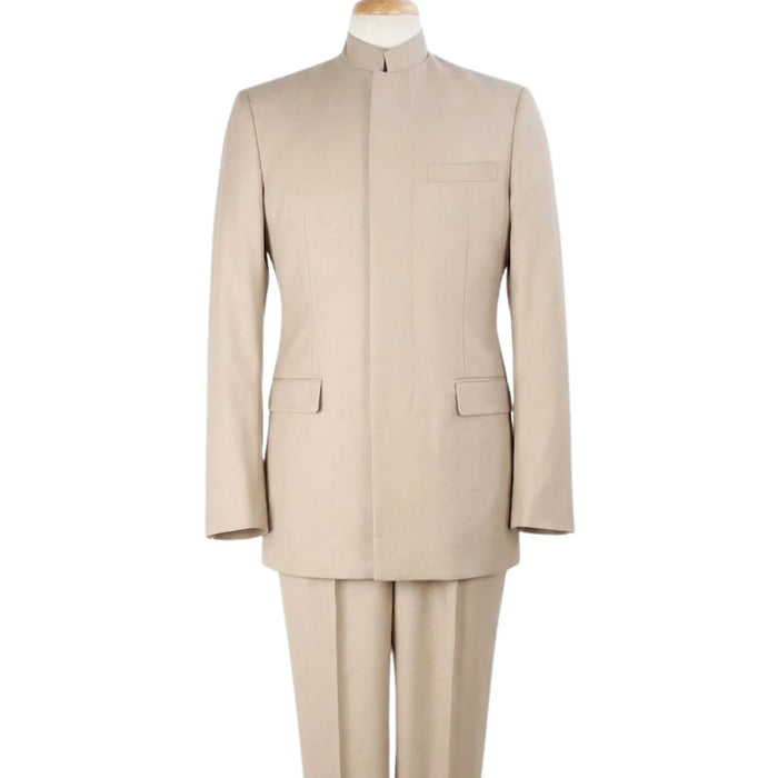 Tan Mandarin Collar Classic Fit Clergy Suit with Pleated Pants