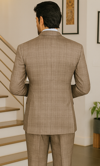 Tan Plaid Suit - Vested Suit - 3 Piece Suits - Peak Lapel Suits - Windowpane Suit - 2 Button
