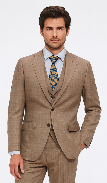 Tan Plaid Suit - Vested Suit - 3 Piece Suits - Peak Lapel Suits