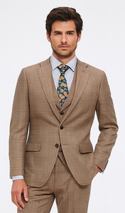 Tan Plaid Suit - Vested Suit - 3 Piece Suits - Peak Lapel Suits - Windowpane Suit - 2 Button