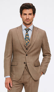 Tan Plaid Suit - Vested Suit - 3 Piece Suits - Peak Lapel Suits - Windowpane Suit - 2 Button