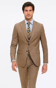 Tan Plaid Suit - Vested Suit - 3 Piece Suits - Peak Lapel Suits - Windowpane Suit - 2 Button