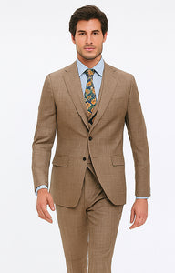 Tan Plaid Suit - Vested Suit - 3 Piece Suits - Peak Lapel Suits - Windowpane Suit - 2 Button