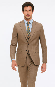 Tan Plaid Suit - Vested Suit - 3 Piece Suits - Peak Lapel Suits - Windowpane Suit - 2 Button