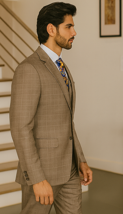 Tan Plaid Suit - Vested Suit - 3 Piece Suits - Peak Lapel Suits - Windowpane Suit - 2 Button
