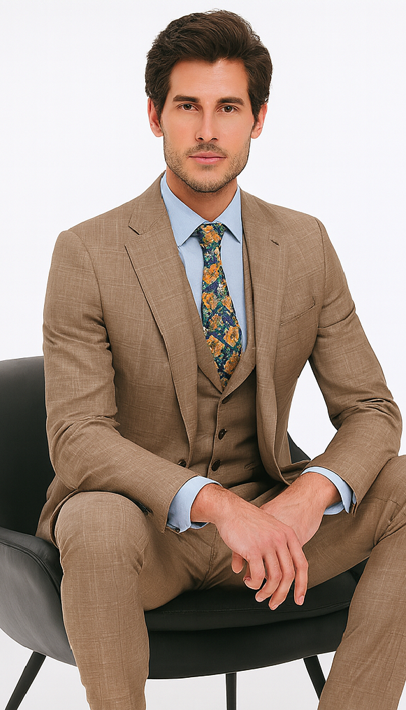 Tan Plaid Suit - Vested Suit - 3 Piece Suits - Peak Lapel Suits - Windowpane Suit - 2 Button
