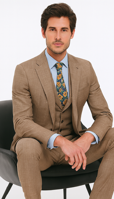 Tan Plaid Suit - Vested Suit - 3 Piece Suits - Peak Lapel Suits - Windowpane Suit - 2 Button