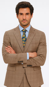 Tan Plaid Suit - Vested Suit - 3 Piece Suits - Peak Lapel Suits - Windowpane Suit - 2 Button