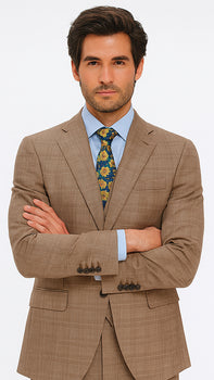 Tan Plaid Suit - Vested Suit - 3 Piece Suits - Peak Lapel Suits - Windowpane Suit - 2 Button