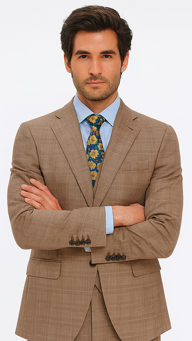 Tan Plaid Suit - Vested Suit - 3 Piece Suits - Peak Lapel Suits - Windowpane Suit - 2 Button