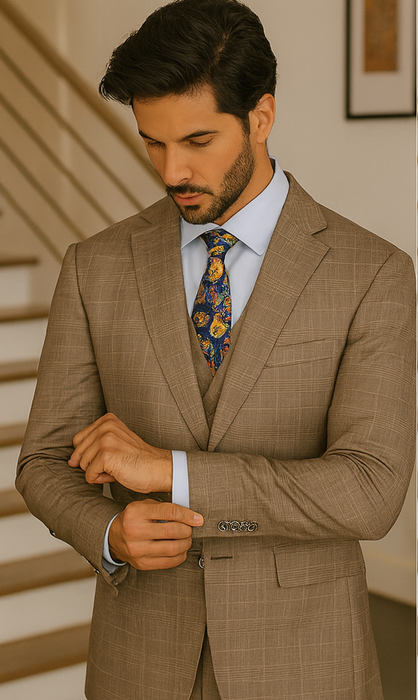 Tan Plaid Suit - Vested Suit - 3 Piece Suits - Peak Lapel Suits - Windowpane Suit - 2 Button