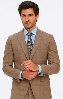 Tan Plaid Suit - Vested Suit - 3 Piece Suits - Peak Lapel Suits - Windowpane Suit - 2 Button