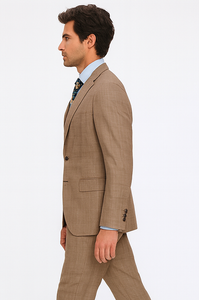 Tan Plaid Suit - Vested Suit - 3 Piece Suits - Peak Lapel Suits - Windowpane Suit - 2 Button