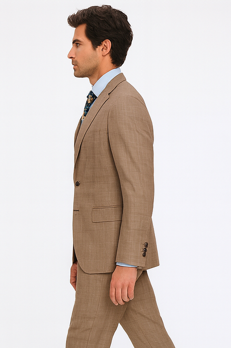 Tan Plaid Suit - Vested Suit - 3 Piece Suits - Peak Lapel Suits - Windowpane Suit - 2 Button