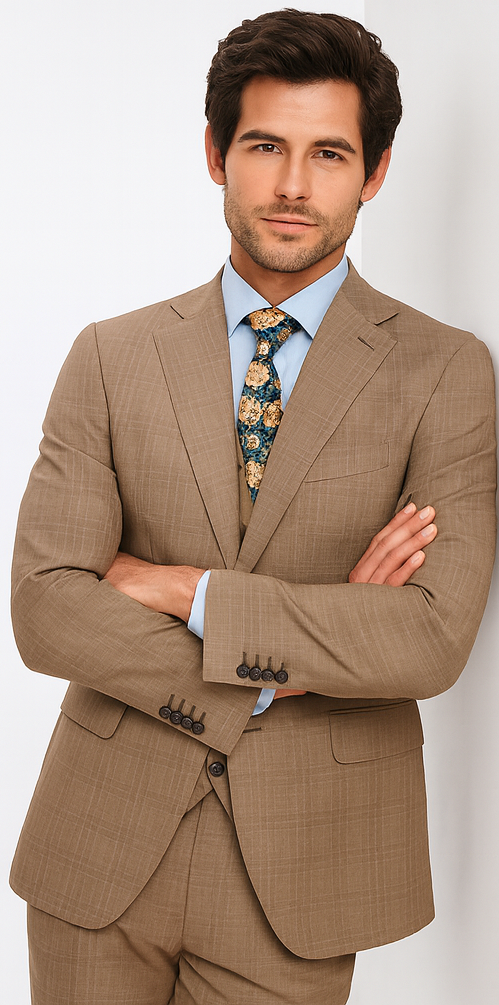 Tan Plaid Suit - Vested Suit - 3 Piece Suits - Peak Lapel Suits - Windowpane Suit - 2 Button