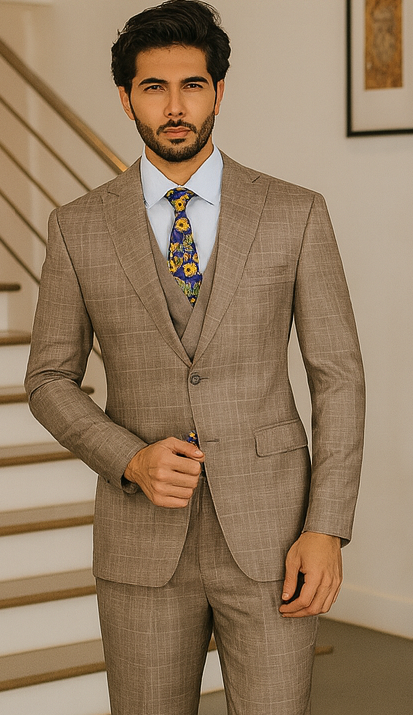 Tan Plaid Suit - Vested Suit - 3 Piece Suits - Peak Lapel Suits - Windowpane Suit - 2 Button