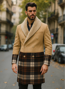 Tan Plaid Wool Overcoat for Men – Stylish Winter Peacoat