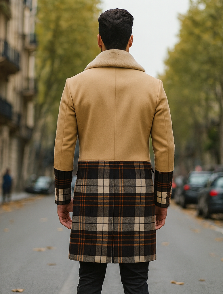 Tan Plaid Wool Overcoat for Men – Stylish Winter Peacoat