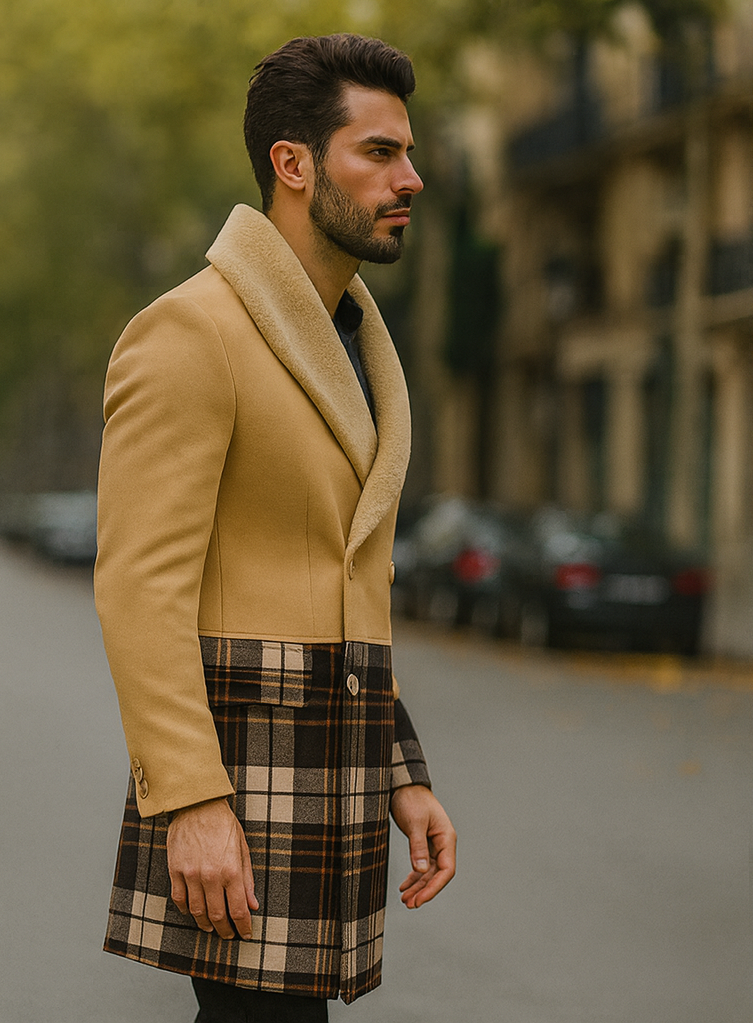 Tan Plaid Wool Overcoat for Men – Stylish Winter Peacoat