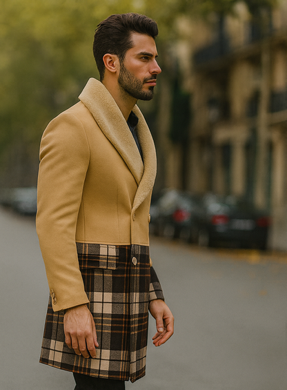 Tan Plaid Wool Overcoat for Men – Stylish Winter Peacoat