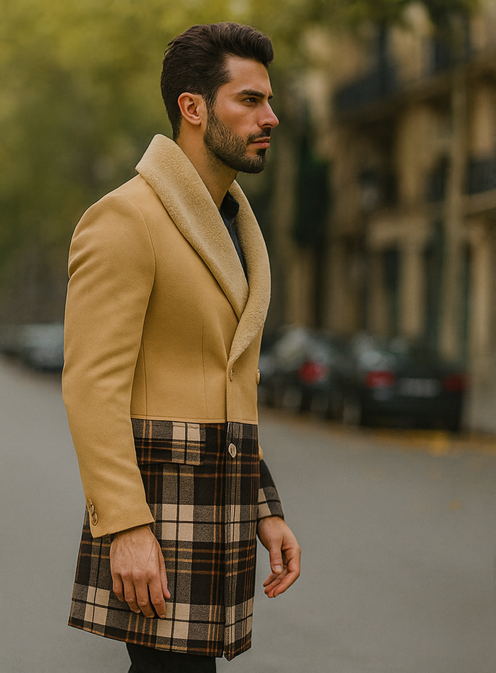 Tan Plaid Wool Overcoat for Men – Stylish Winter Peacoat