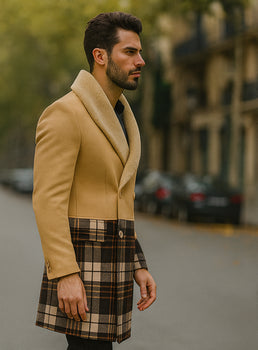 Tan Plaid Wool Overcoat for Men – Stylish Winter Peacoat