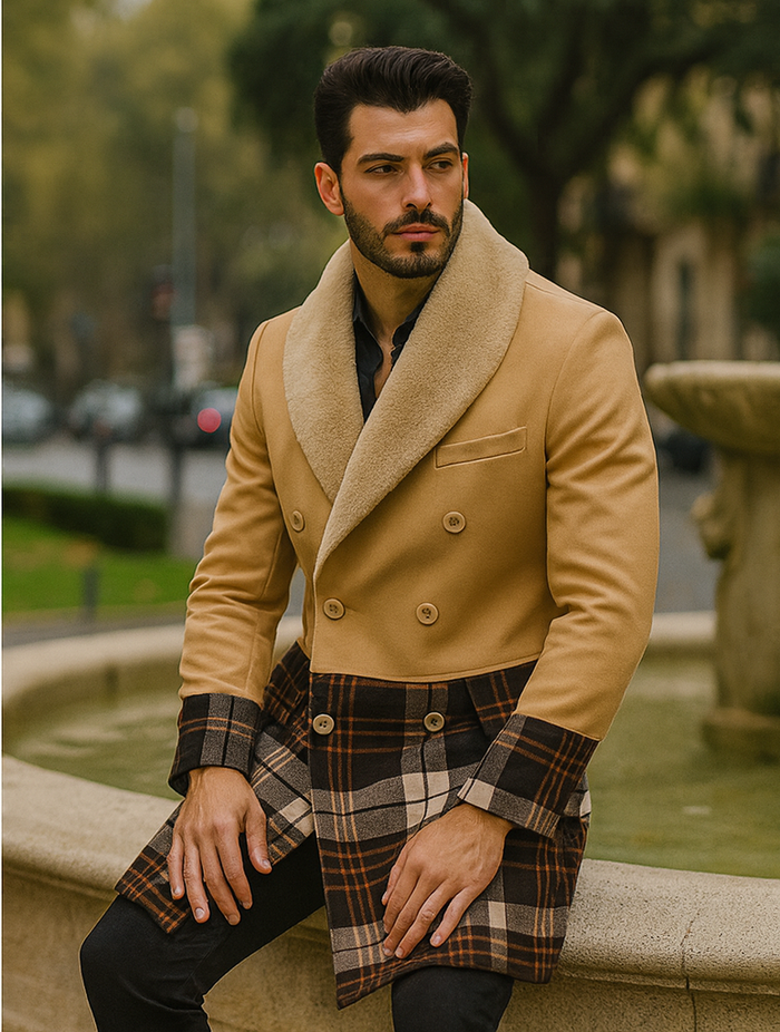 Tan Plaid Wool Overcoat for Men – Stylish Winter Peacoat