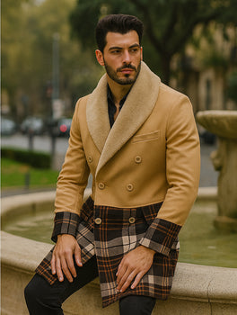 Tan Plaid Wool Overcoat for Men – Stylish Winter Peacoat
