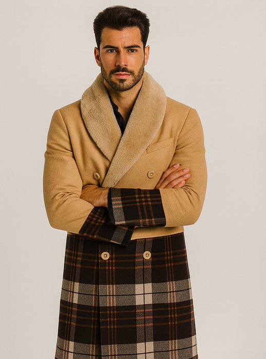 Tan Plaid Wool Overcoat for Men – Stylish Winter Peacoat