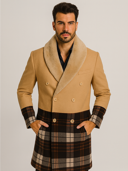 Tan Plaid Wool Overcoat for Men – Stylish Winter Peacoat