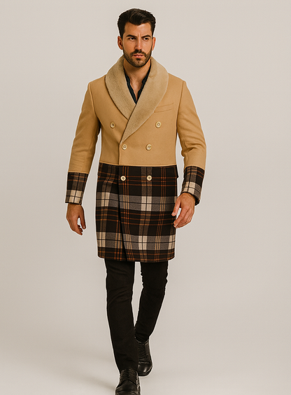 Tan Plaid Wool Overcoat for Men – Stylish Winter Peacoat