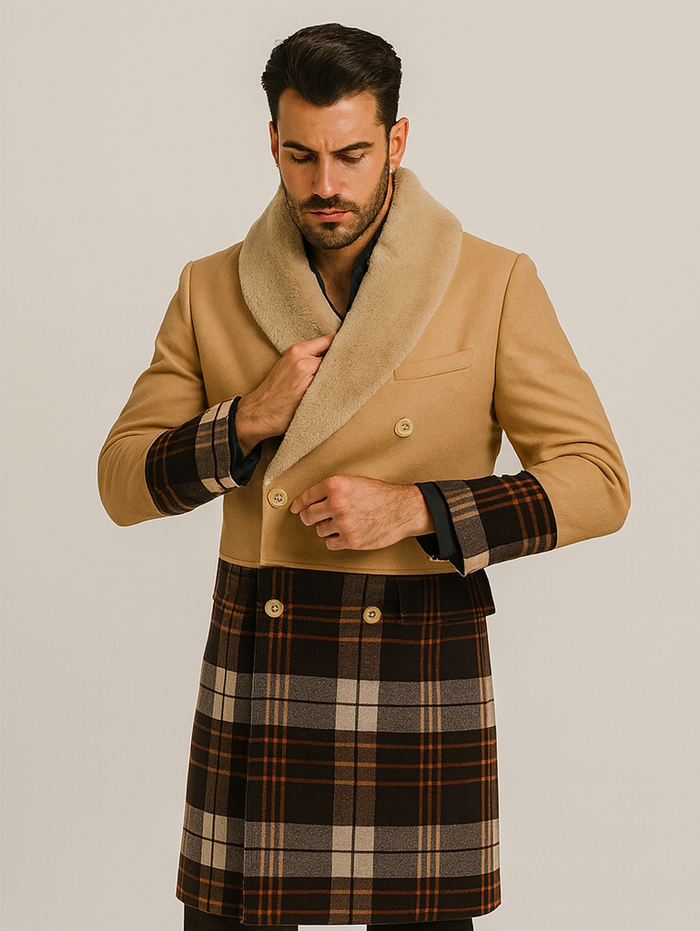 Tan Plaid Wool Overcoat for Men – Stylish Winter Peacoat