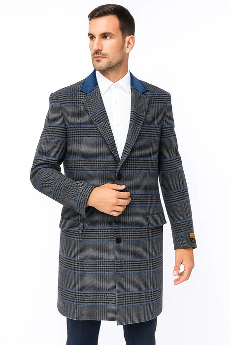Mens Plaid Overcoat - Plaid and Cashmere Topcoats - Gray Carcoat