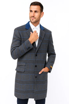 Mens Plaid Overcoat - Plaid and Cashmere Topcoats - Gray Carcoat