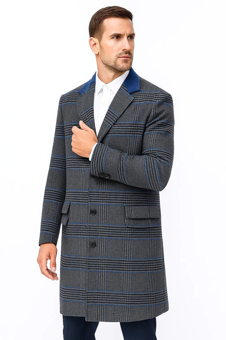 Mens Plaid Overcoat - Plaid and Cashmere Topcoats - Gray Carcoat