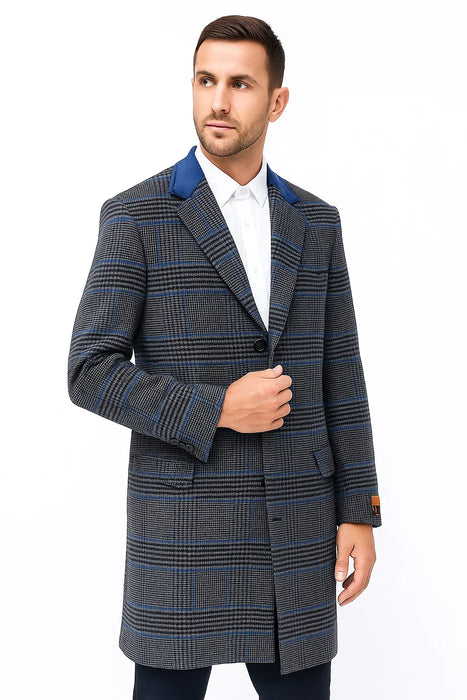 Mens Plaid Overcoat - Plaid and Cashmere Topcoats - Gray Carcoat
