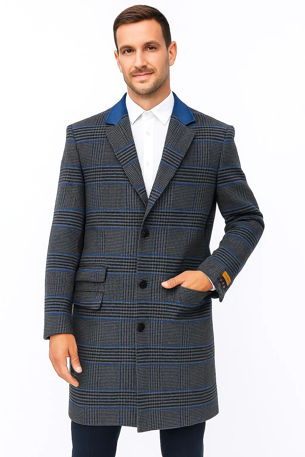 Mens Plaid Overcoat - Plaid and Cashmere Topcoats - Gray Carcoat
