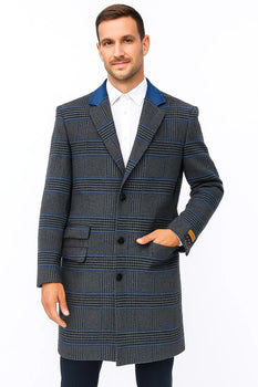 Mens Plaid Overcoat - Plaid and Cashmere Topcoats - Gray Carcoat