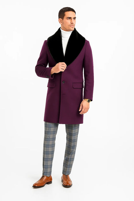 Mens Purple Overcoat With Fur Collar - Purple Topcoat