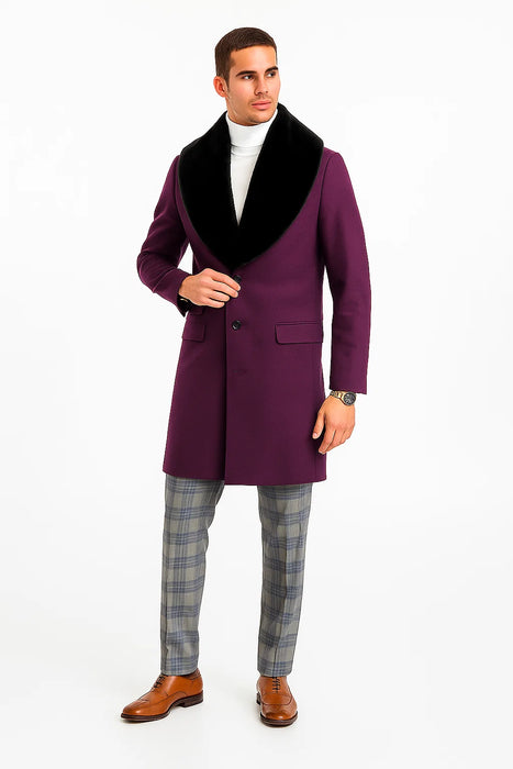 Mens Purple Overcoat With Fur Collar - Purple Topcoat