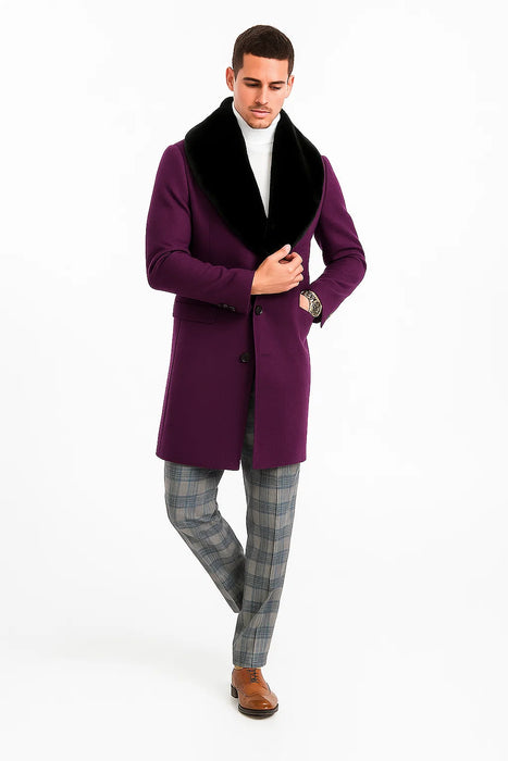 Mens Purple Overcoat With Fur Collar - Purple Topcoat