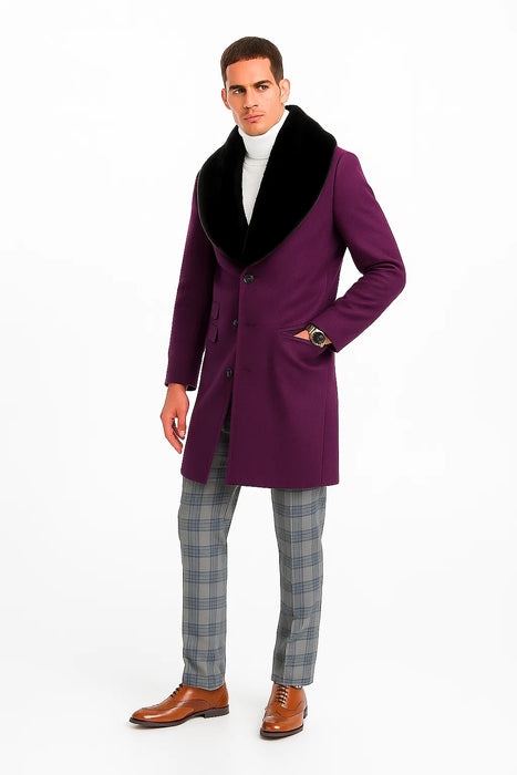 Mens Purple Overcoat With Fur Collar - Purple Topcoat