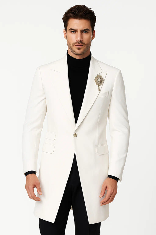 Mens Velvet Tuxedo 34 Inch Long Coat - Velvet Blazer - Three Quarter White Dinner Jacket