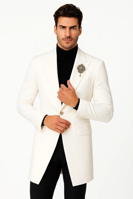 Mens Velvet Tuxedo 34 Inch Long Coat - Velvet Blazer - Three Quarter White Dinner Jacket