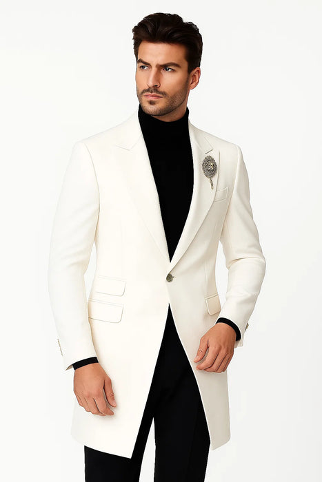 Mens Velvet Tuxedo 34 Inch Long Coat - Velvet Blazer - Three Quarter White Dinner Jacket
