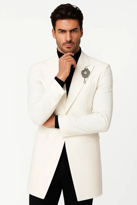 Mens Velvet Tuxedo 34 Inch Long Coat - Velvet Blazer - Three Quarter White Dinner Jacket