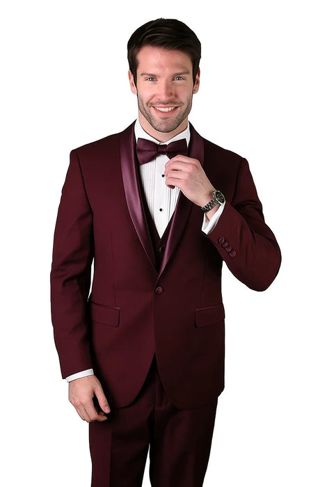 Mens Wool One Button Modern Fit Vested Shawl Prom Tuxedo in Burgundy